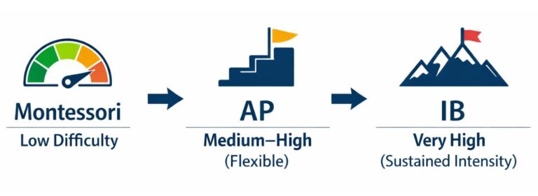 AP vs IB vs Montessori: An Honest Curriculum Comparison for Parents in Qingdao 1 Graphic shows Montessori as low difficulty, AP as flexible medium-high, and IB as very high academic intensity for students.