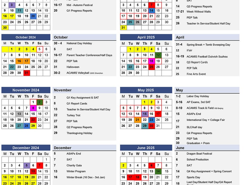 QISS 2024–2025 academic calendar showing month-by-month schedule and key dates for college application planning