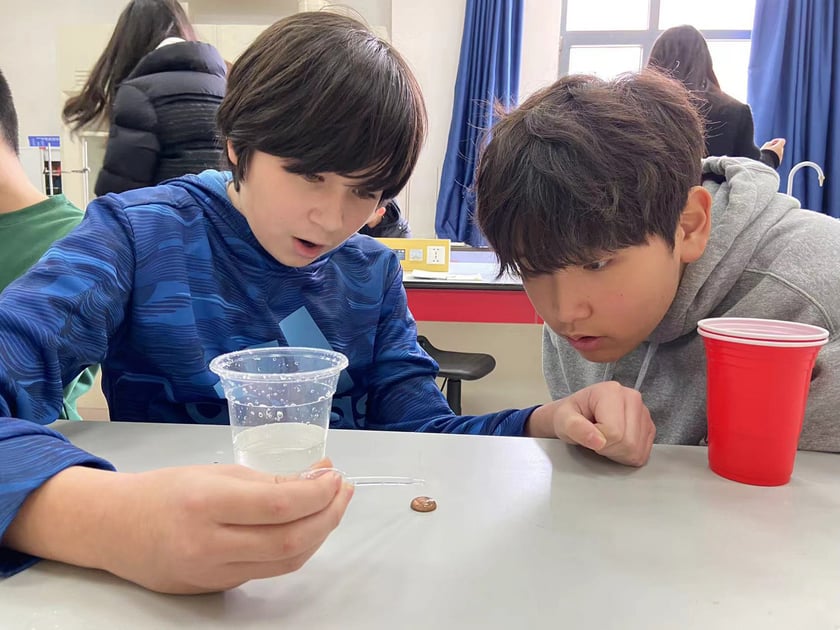 Inquiry-Based Learning: Preparing Students for the Future 1 Two QISS lower-school students lean over a table examining a science experiment, embodying inquiry-based learning in action.