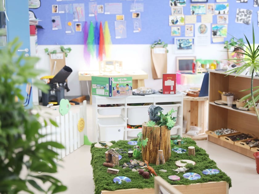 International Mindedness: How Schools Raise Global Citizens 2 Early-childhood classroom at QISS featuring a nature exploration table, student artwork, and hands-on learning materials