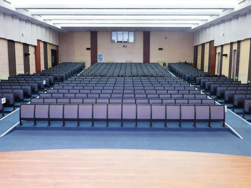 Fine Arts Education: Art, Music, and Drama in School 3 Modern school auditorium with tiered seating and a wooden stage — essential infrastructure for drama and music performance programs