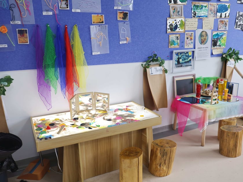 School Art Facilities: Studios, Stages, and What to Look For 2 Art classroom with student work displayed on walls, light tables, and creative workstations at QISS