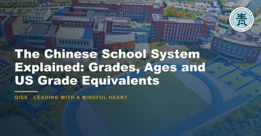 The Chinese School System Explained: Grades, Ages and US Grade Equivalents - QISS Qingdao campus, with title overlay and school logo